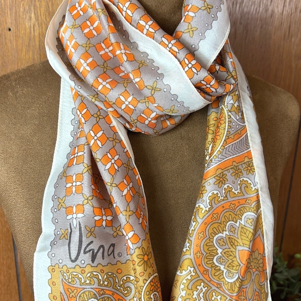 Vintage Vana Silk‎ Scarf Orange Gray Paisley Floral Print Square
